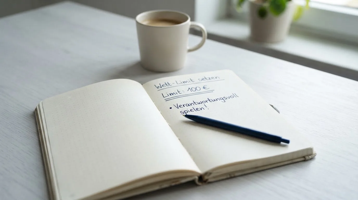 Ein aufgeschlagenes Notizbuch mit handschriftlichen Notizen und ein Kugelschreiber liegen auf einem hellen Schreibtisch neben einer Kaffeetasse.