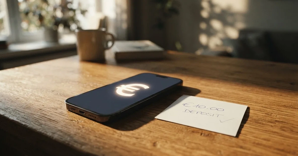 Ein Smartphone liegt mit dem Display nach unten auf einem Holztisch, daneben ein paar Euro-Münzen und eine unbeschriftete Plastikkarte im Morgenlicht.