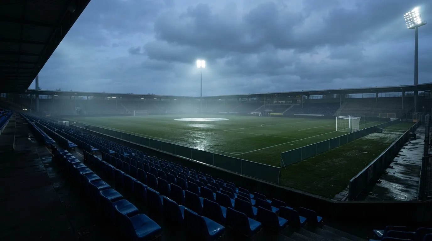 Ein Fußballplatz mit Flutlichtmasten in der Abenddämmerung, aus der Ferne gesehen, leere Tribünen und nasser Rasen unter bewölktem Himmel.