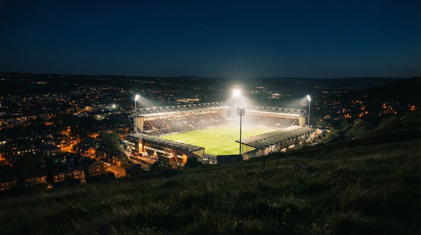 Ein Stadion unter Flutlicht bei Nacht, von einem Hügel aus der Ferne betrachtet, mit Dunst über dem Spielfeld.