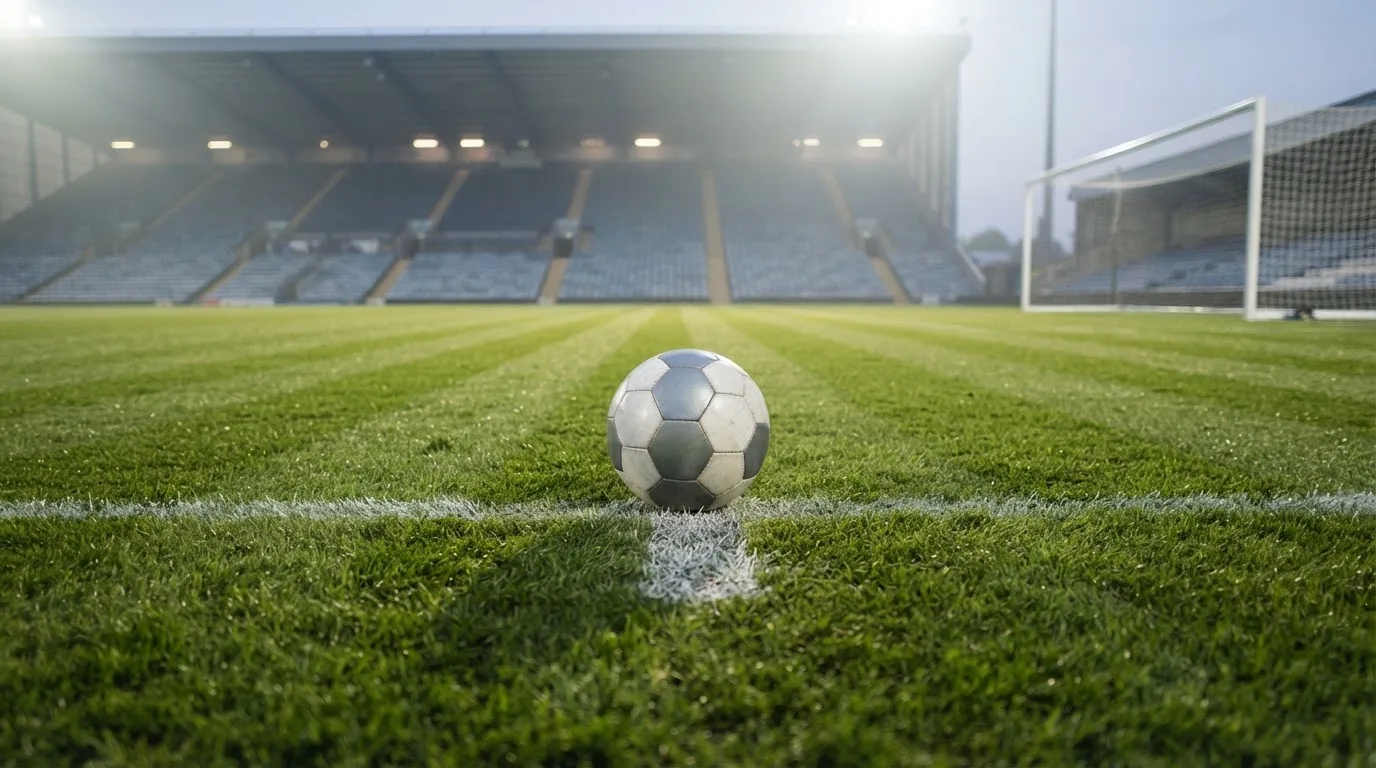 Ein Fußball liegt auf dem Elfmeterpunkt eines leeren Rasenplatzes, im Hintergrund eine Tribüne im Dunst.