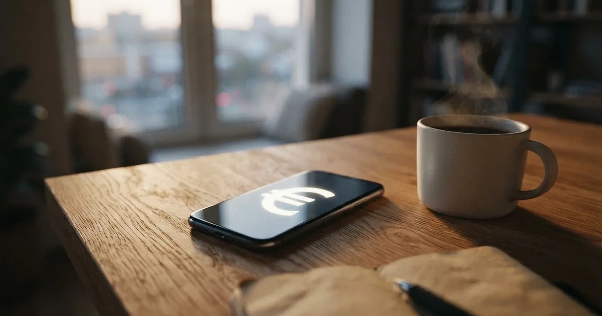 Zwei Euro-Scheine und ein Smartphone liegen auf einem Holztisch neben einer Tasse, im Hintergrund ein unscharfes Fenster.