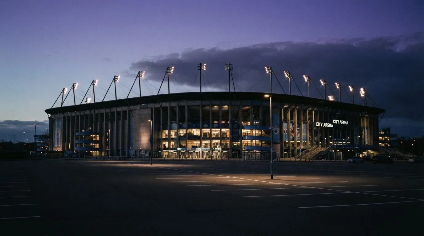 Ein Fußballstadion von außen in der Dämmerung, hohe Flutlichtmasten vor einem violetten Himmel, davor ein leerer Parkplatz.