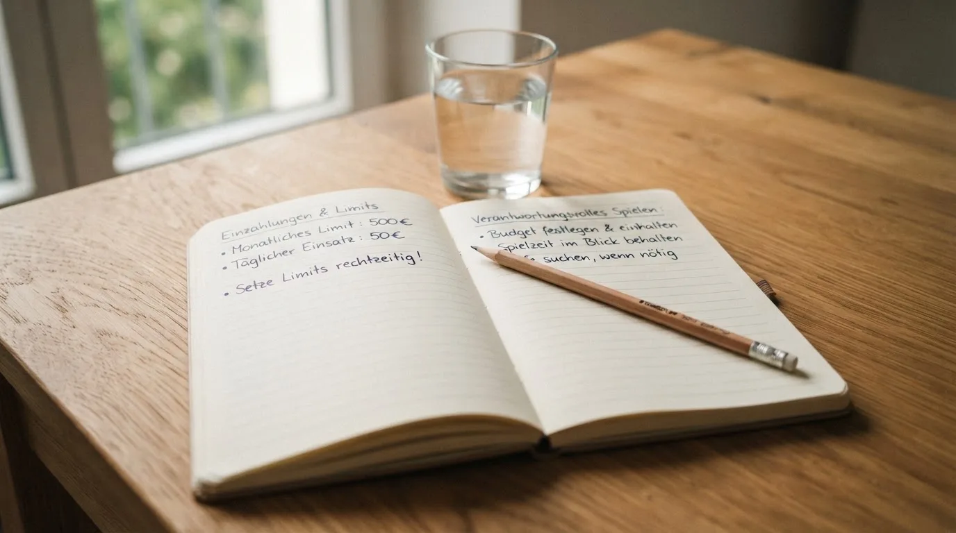 Ein aufgeschlagenes Heft mit handschriftlichen Notizen und ein Bleistift liegen auf einem Schreibtisch, daneben ein Glas Wasser.
