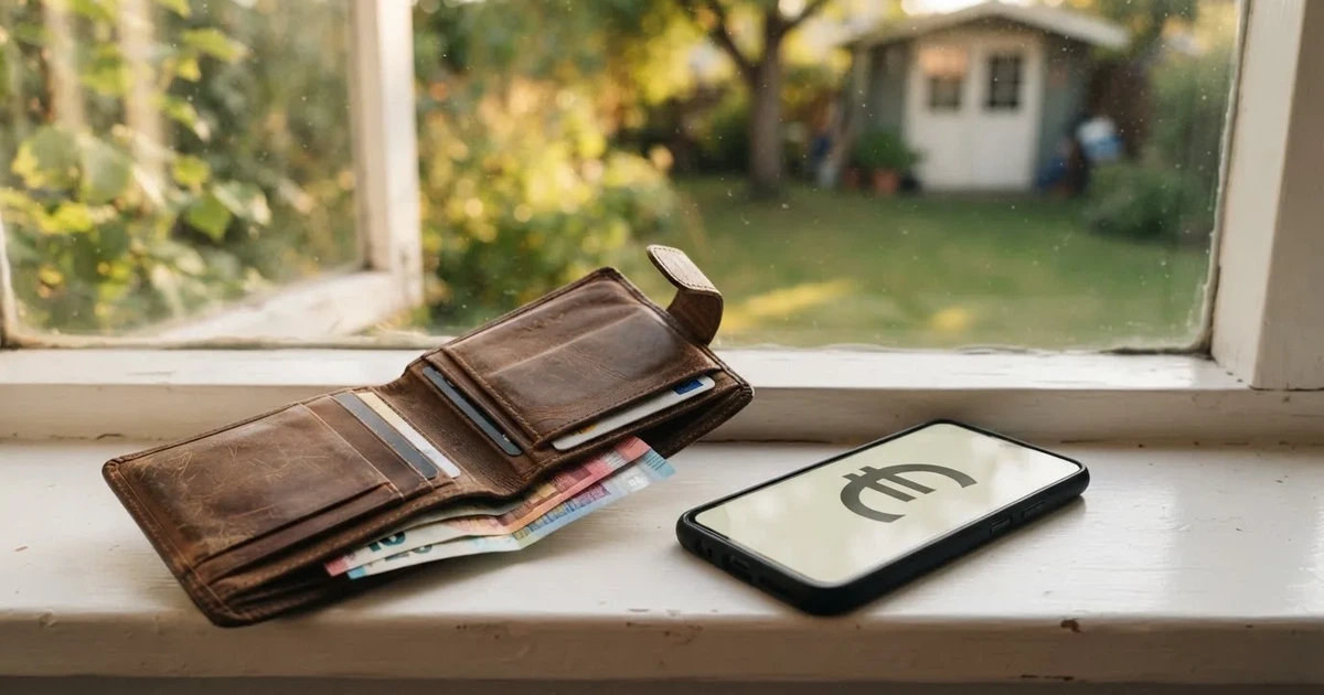 Eine Geldbörse aus Leder liegt geöffnet neben einem Smartphone auf einer Fensterbank, im Hintergrund ein Garten im Gegenlicht.