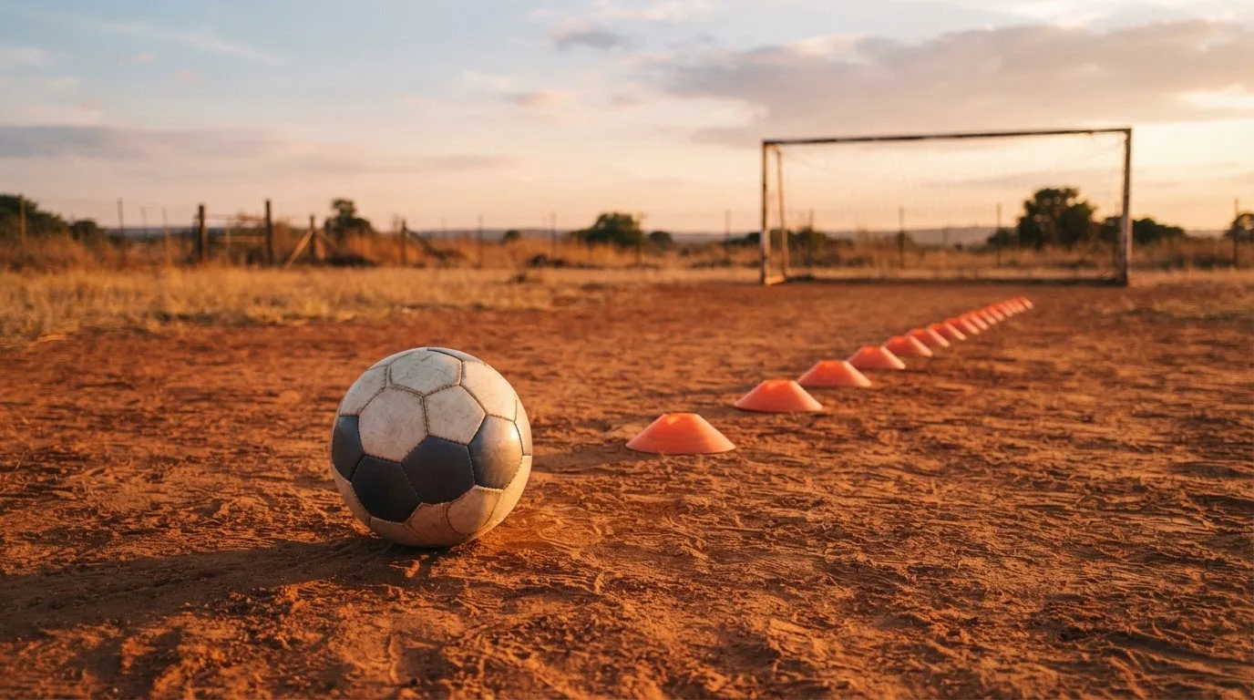 Ein Fußball auf rotem Sandboden neben einer Reihe Hütchen auf einem Trainingsplatz bei untergehender Sonne.