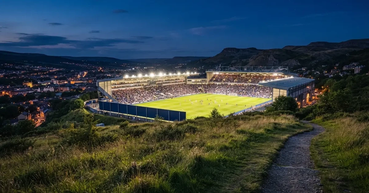 Ein Fußballstadion unter Flutlicht mit hellen Rängen, von einem Hügel aus gesehen, darüber ein dunkelblauer Abendhimmel.