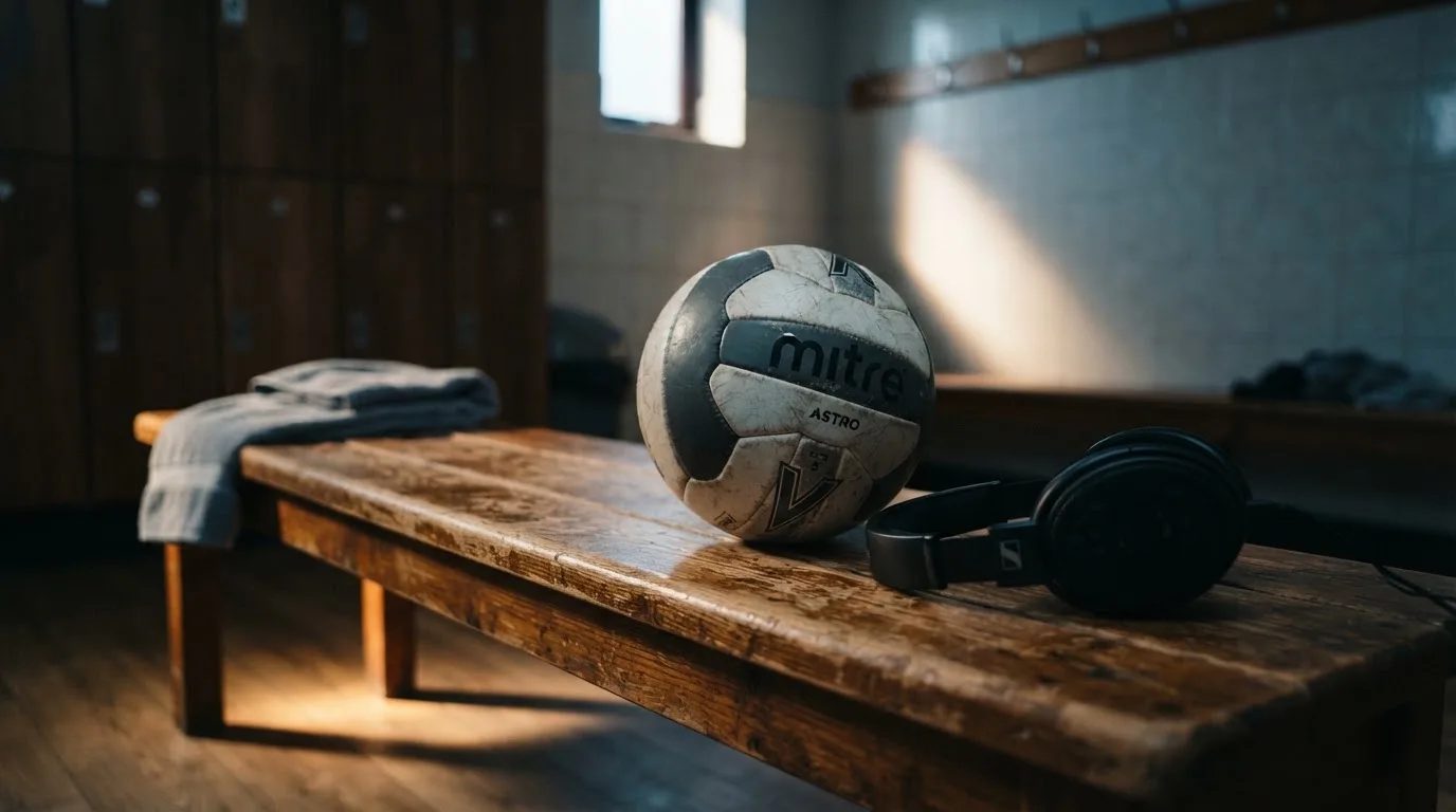 Ein Fußball liegt neben Kopfhörern auf einer Holzbank in einer Umkleide, Licht fällt durch ein schmales Fenster.