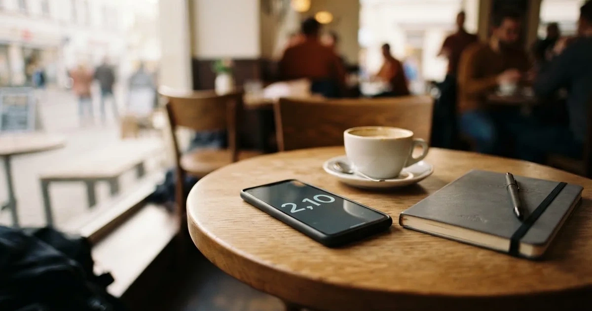 Ein Smartphone mit dunklem Bildschirm liegt auf einem Tisch in einem Café, daneben eine Tasse und ein Notizbuch.