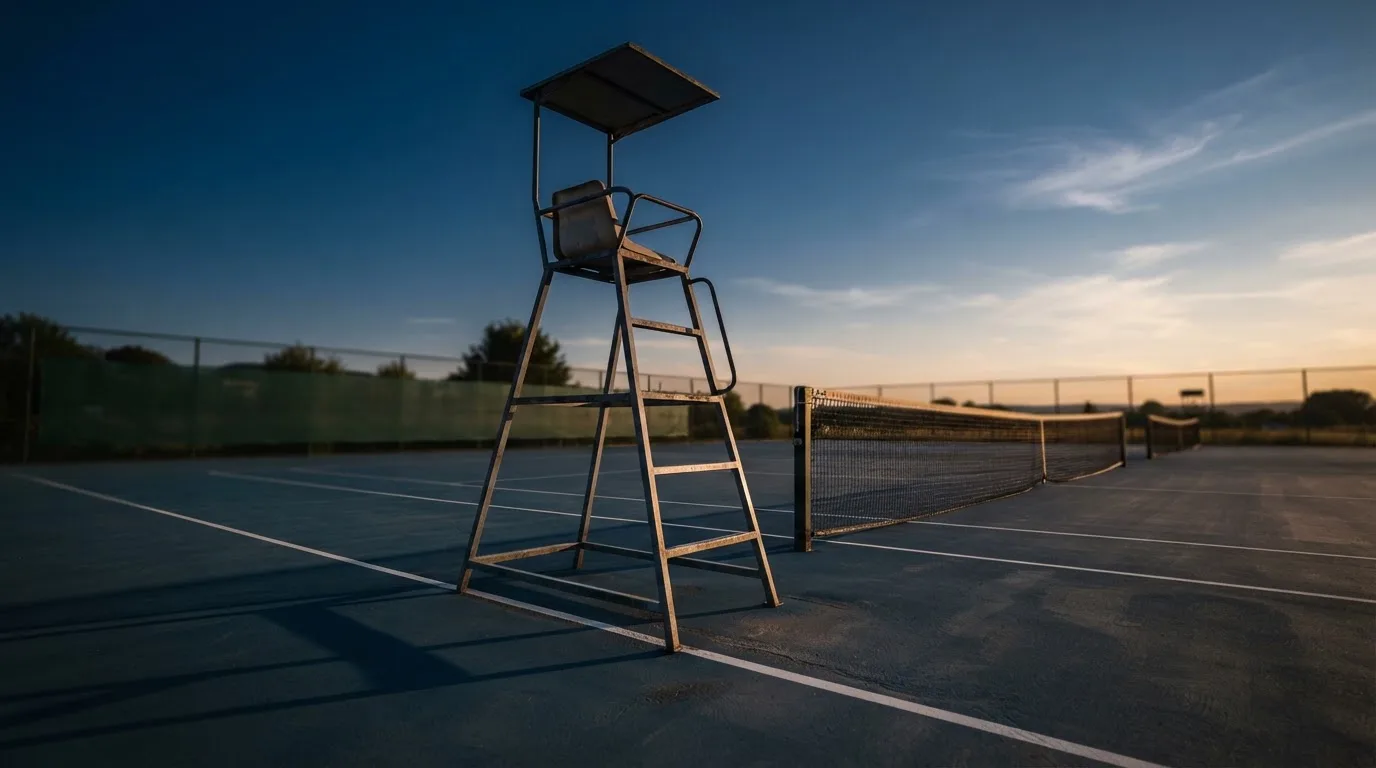 Ein leerer Schiedsrichterstuhl am Spielfeldrand eines Tennisplatzes im Abendlicht, lange Schatten auf dem Belag.