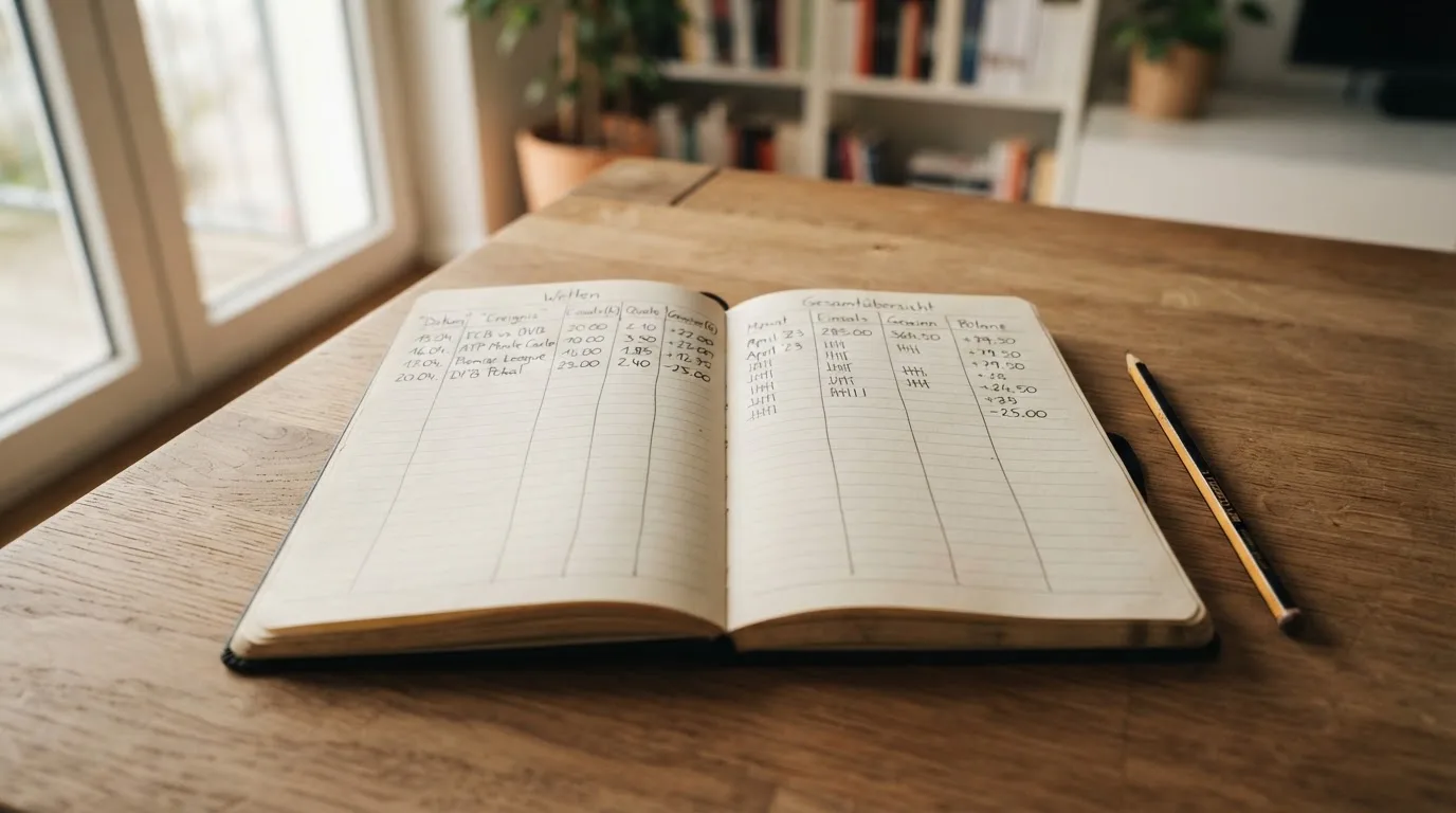 Ein handschriftlich geführtes Heft mit Strichlisten liegt neben einem Bleistift auf einem Tisch, seitlich fällt Tageslicht herein.