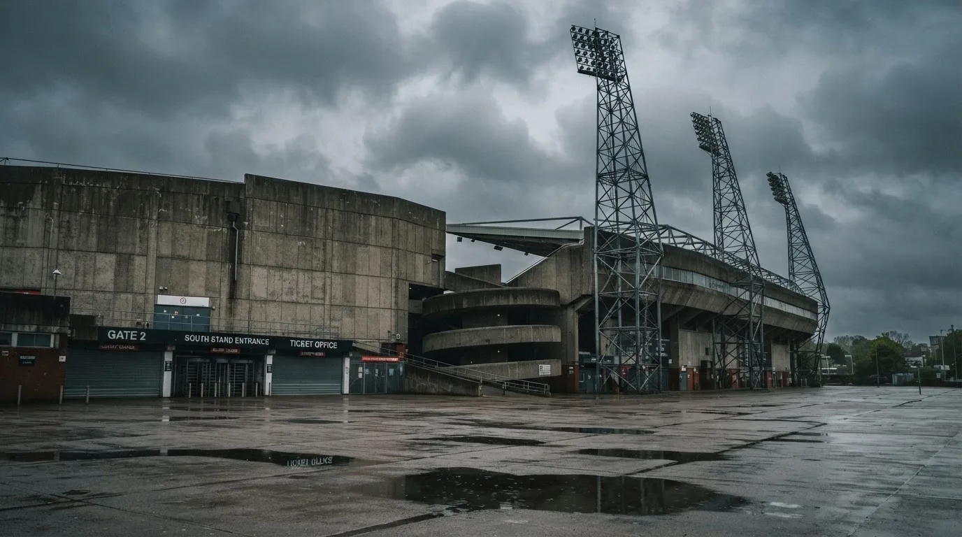 Ein leeres Stadion von außen, hohe Flutlichtmasten vor einem grauen Himmel mit Regenwolken.
