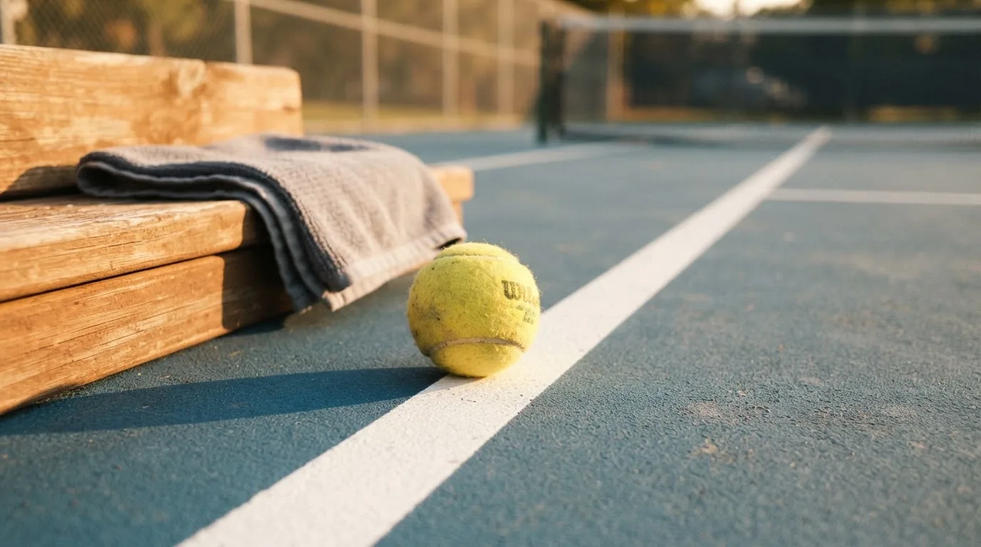 Ein gelber Tennisball liegt auf einer weißen Linie, daneben ein Handtuch auf einer Bank am Spielfeldrand.