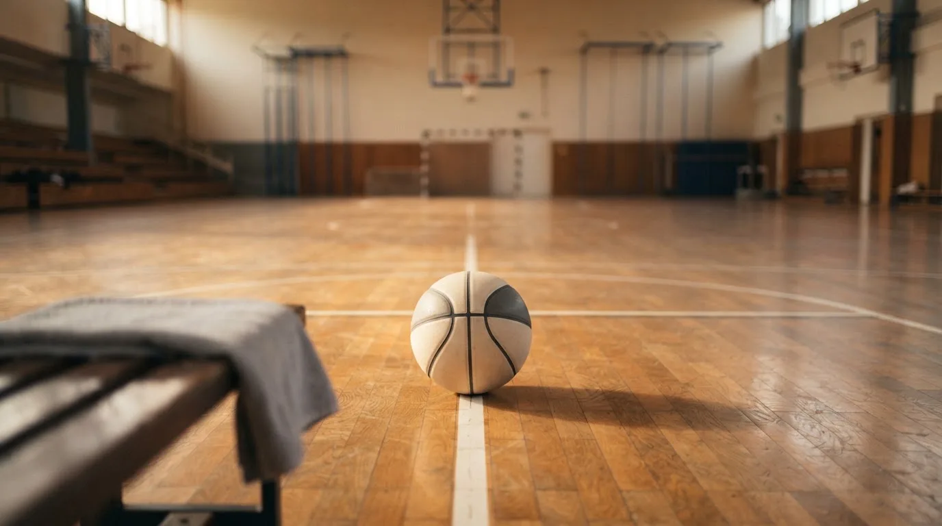 Ein Basketball liegt auf der Freiwurflinie einer Halle, im Vordergrund ein Handtuch auf einer Bank.