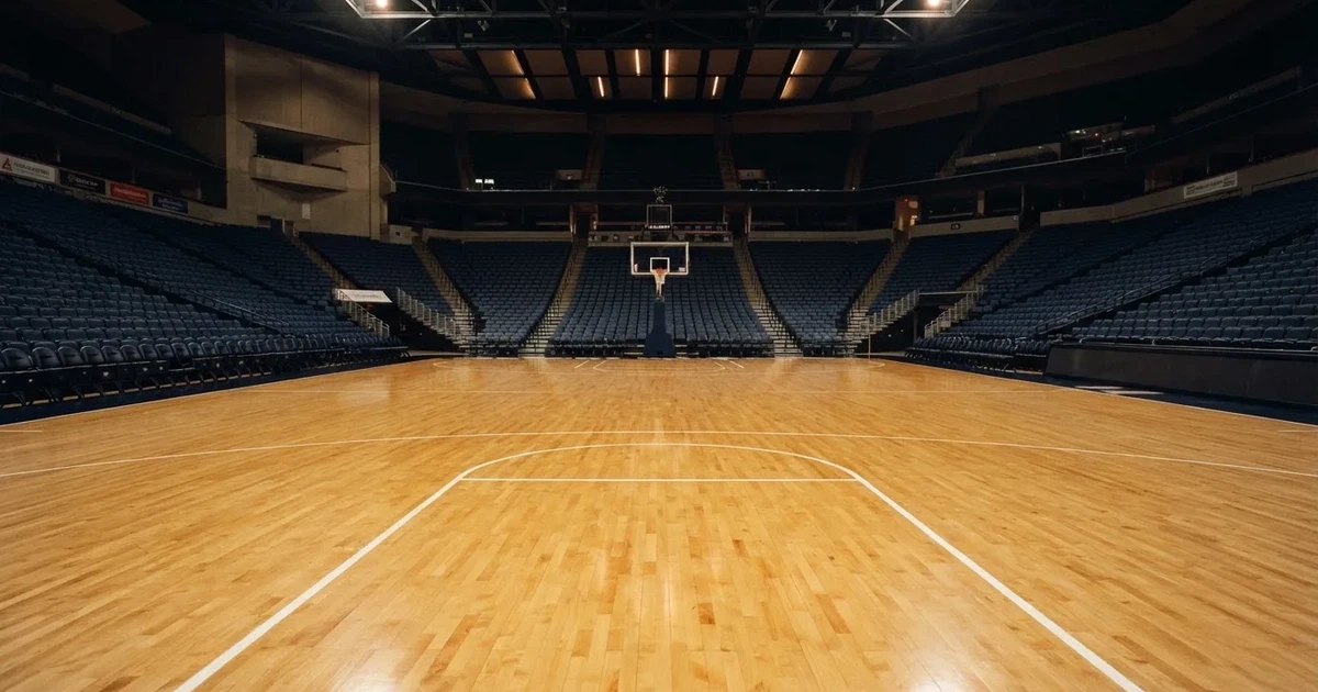 Eine leere Basketballhalle mit glänzendem Parkett und einem Korb im Hintergrund, Licht von Deckenstrahlern spiegelt sich im Boden.