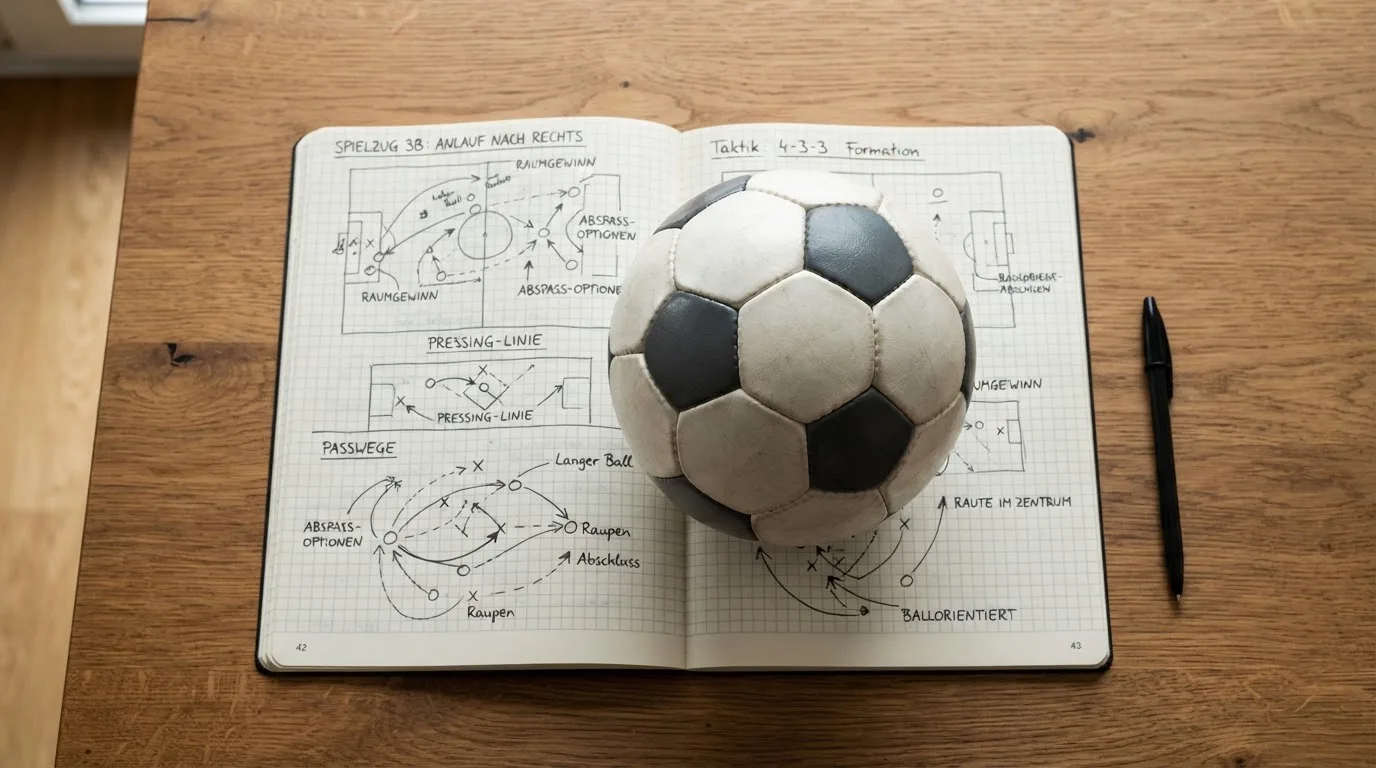 Ein Fußball liegt auf einem Notizbuch mit handgezeichneten Skizzen von Spielzügen, aufgenommen von oben auf einem Holztisch.