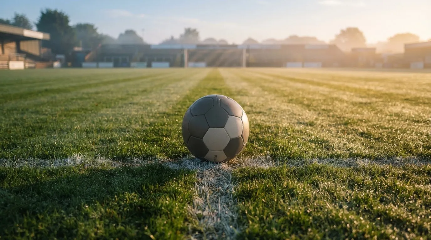 Ein Fußball liegt auf dem Anstoßpunkt eines Rasens bei Sonnenaufgang, Tau glitzert auf den Halmen.