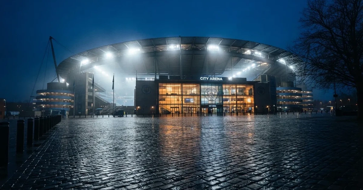 Ein großes Fußballstadion bei Flutlicht von außen, davor ein leerer Vorplatz mit nassem Pflaster und Dunst.
