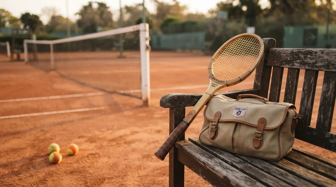 Ein Tennisschläger lehnt an einer Bank neben einer Sporttasche, im Hintergrund ein leerer Platz.