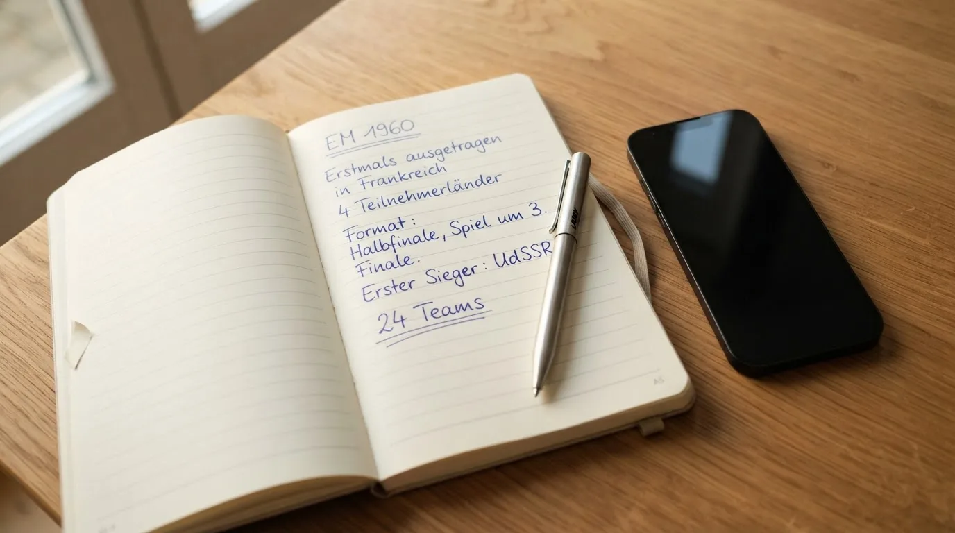 Ein Notizbuch mit handschriftlichen Notizen und ein Kugelschreiber liegen neben einem Smartphone mit dunklem Display auf einem Holztisch.