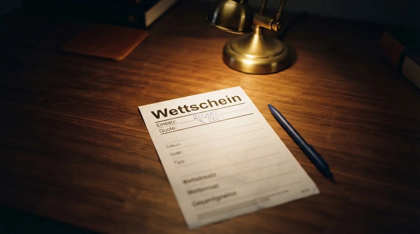 Ein leerer Wettschein aus Papier liegt neben einem Stift auf einem Schreibtisch im Licht einer kleinen Tischlampe.