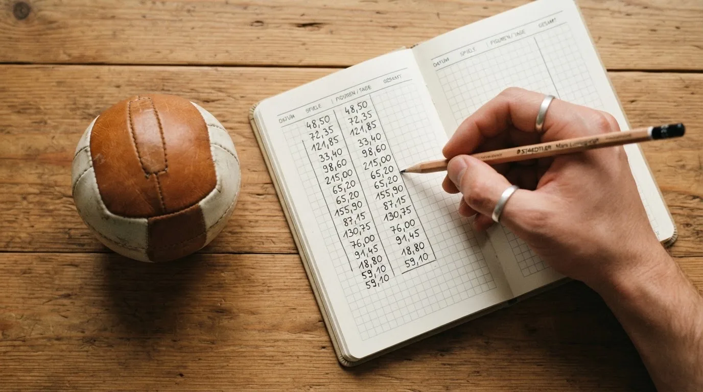 Eine Hand notiert mit Bleistift Zahlen in ein kariertes Heft, daneben liegt ein kleiner Lederfußball auf einer Holzplatte.