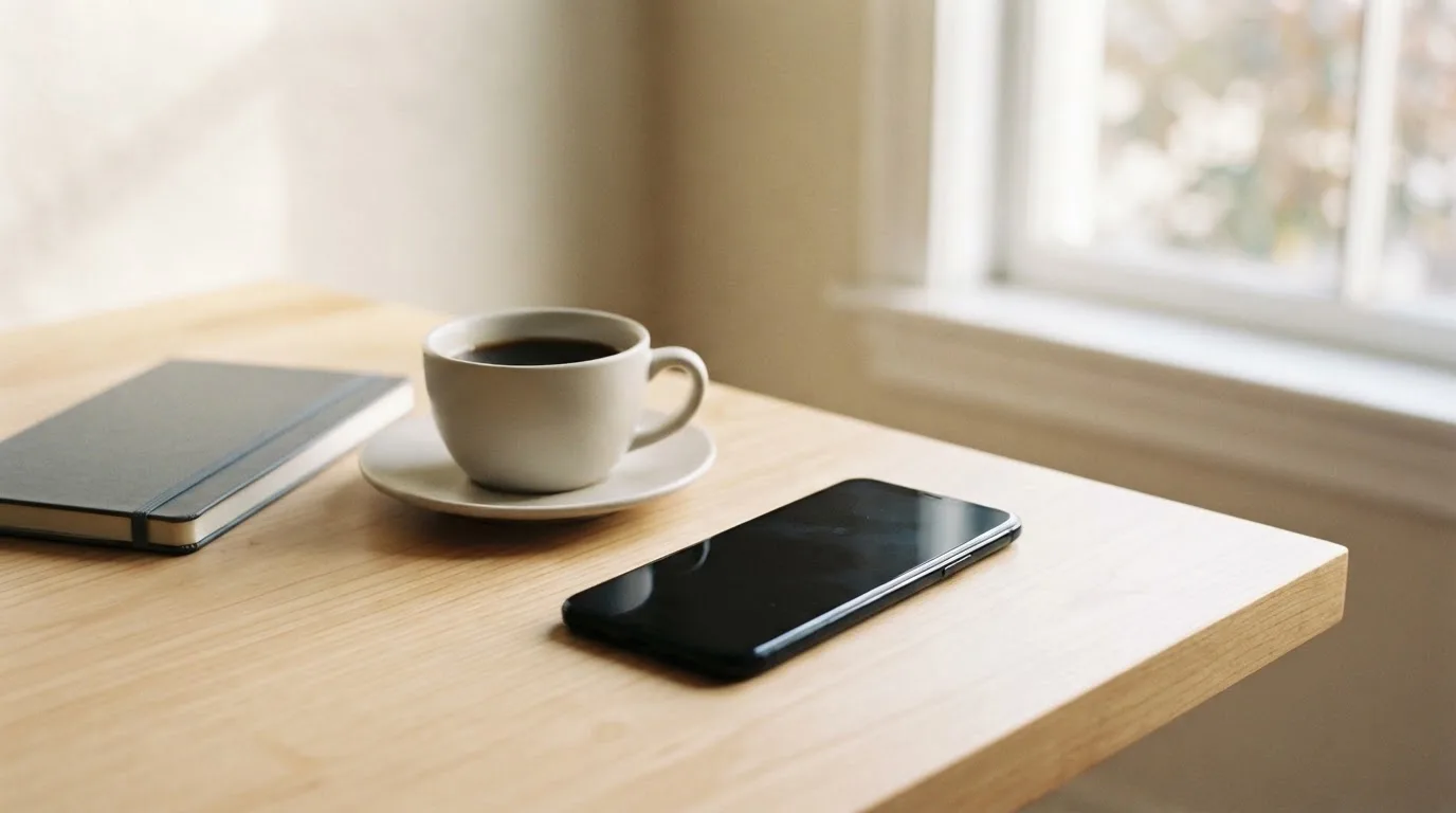 Ein Smartphone mit dunklem Display liegt neben einer Kaffeetasse und einem Notizblock auf einem hellen Tisch.