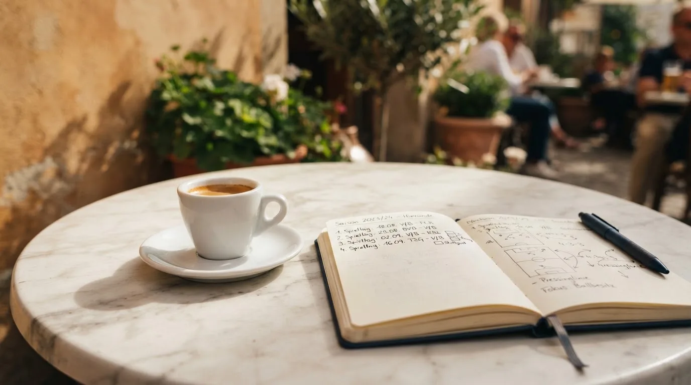 Eine Espressotasse steht auf einem kleinen Marmortisch einer Terrasse, daneben ein Notizheft mit handschriftlichen Skizzen.
