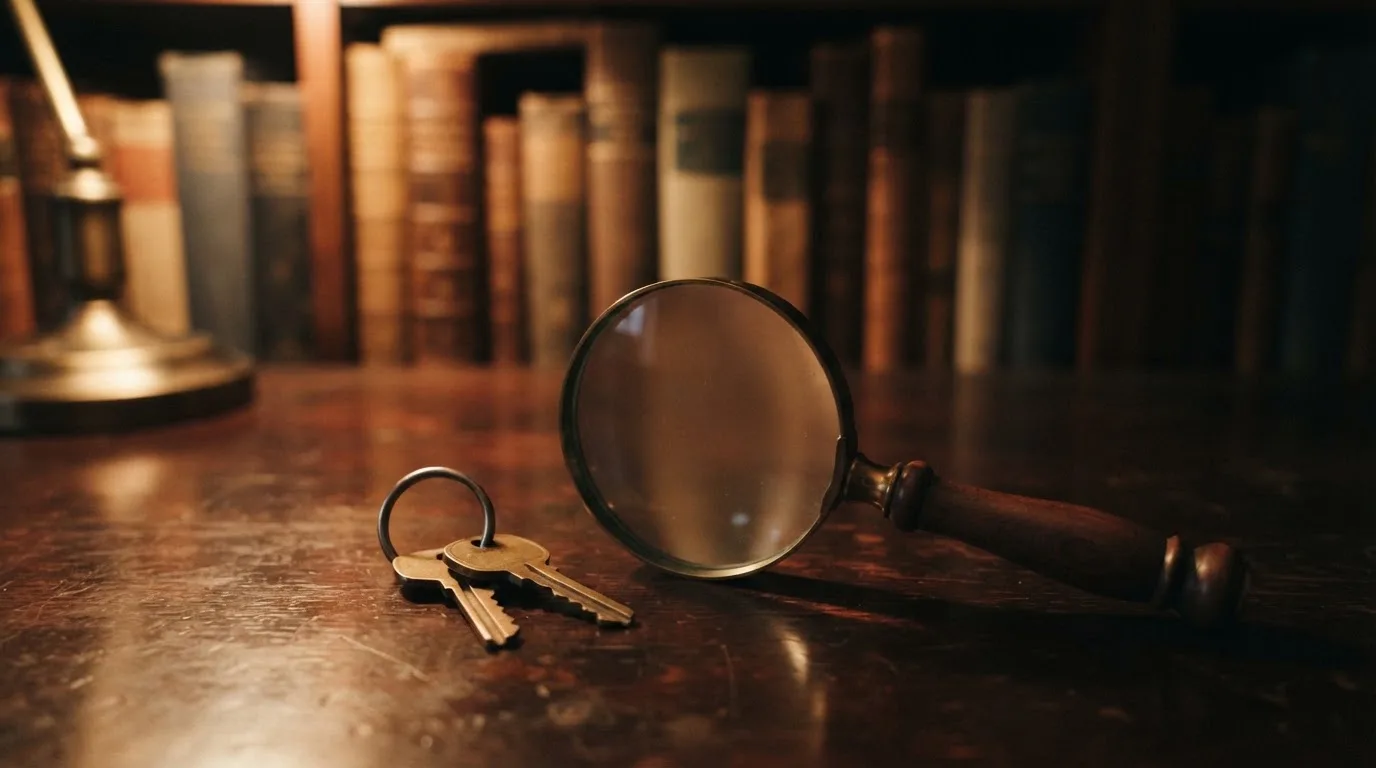 Ein Schlüsselbund und eine Lupe liegen auf einem dunklen Holztisch, im Hintergrund unscharf ein Regal mit Büchern.