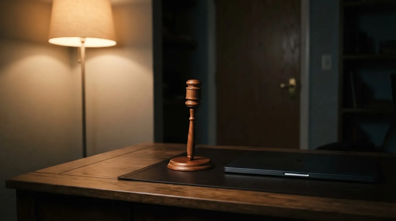 Ein Schreibtisch mit Stehlampe, einem geschlossenen Laptop und einem hölzernen Richterhammer im Halbdunkel.