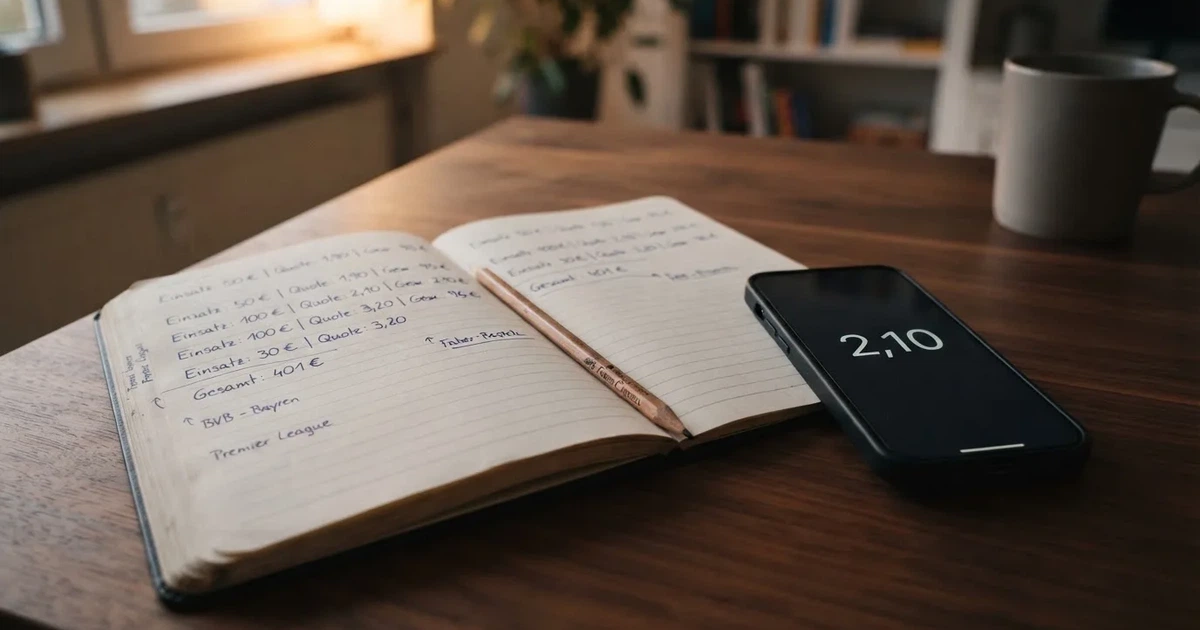 Ein aufgeschlagenes Notizbuch mit handschriftlichen Zahlenreihen und ein Bleistift liegen neben einem Taschenrechner auf einem Schreibtisch.