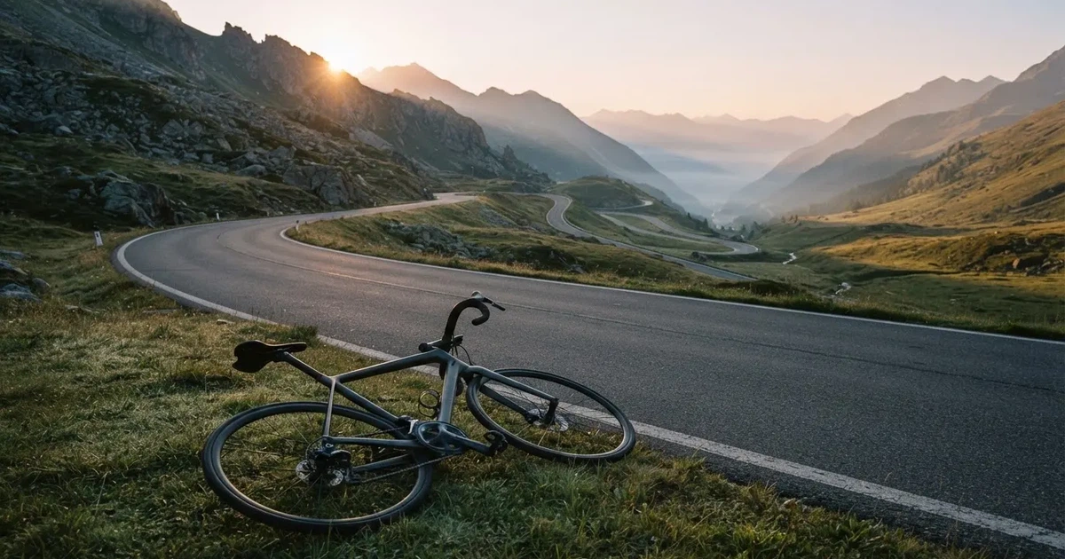 Eine leere Landstraße schlängelt sich im Morgenlicht durch einen Gebirgspass, am Straßenrand liegt ein einzelnes Rennrad im Gras.