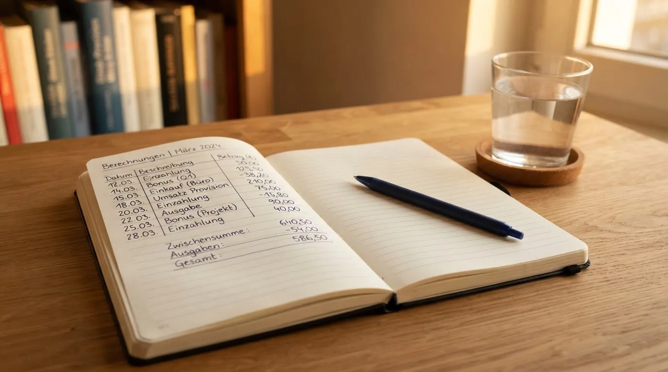 Ein Notizbuch mit handschriftlichen Rechnungen und ein Taschenrechner liegen auf einem aufgeräumten Schreibtisch in warmem Licht.