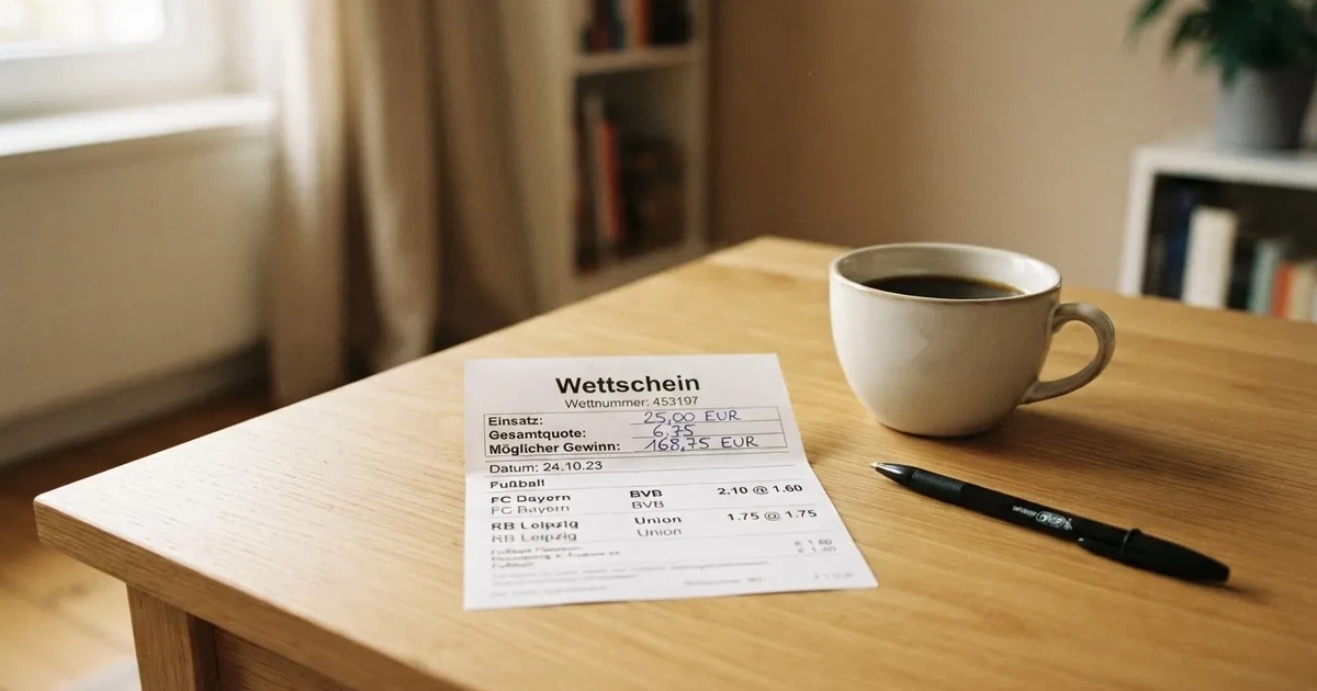 Ein leerer Papier-Wettschein liegt neben einem Kugelschreiber und einer Kaffeetasse auf einem hellen Holztisch, Tageslicht von links.