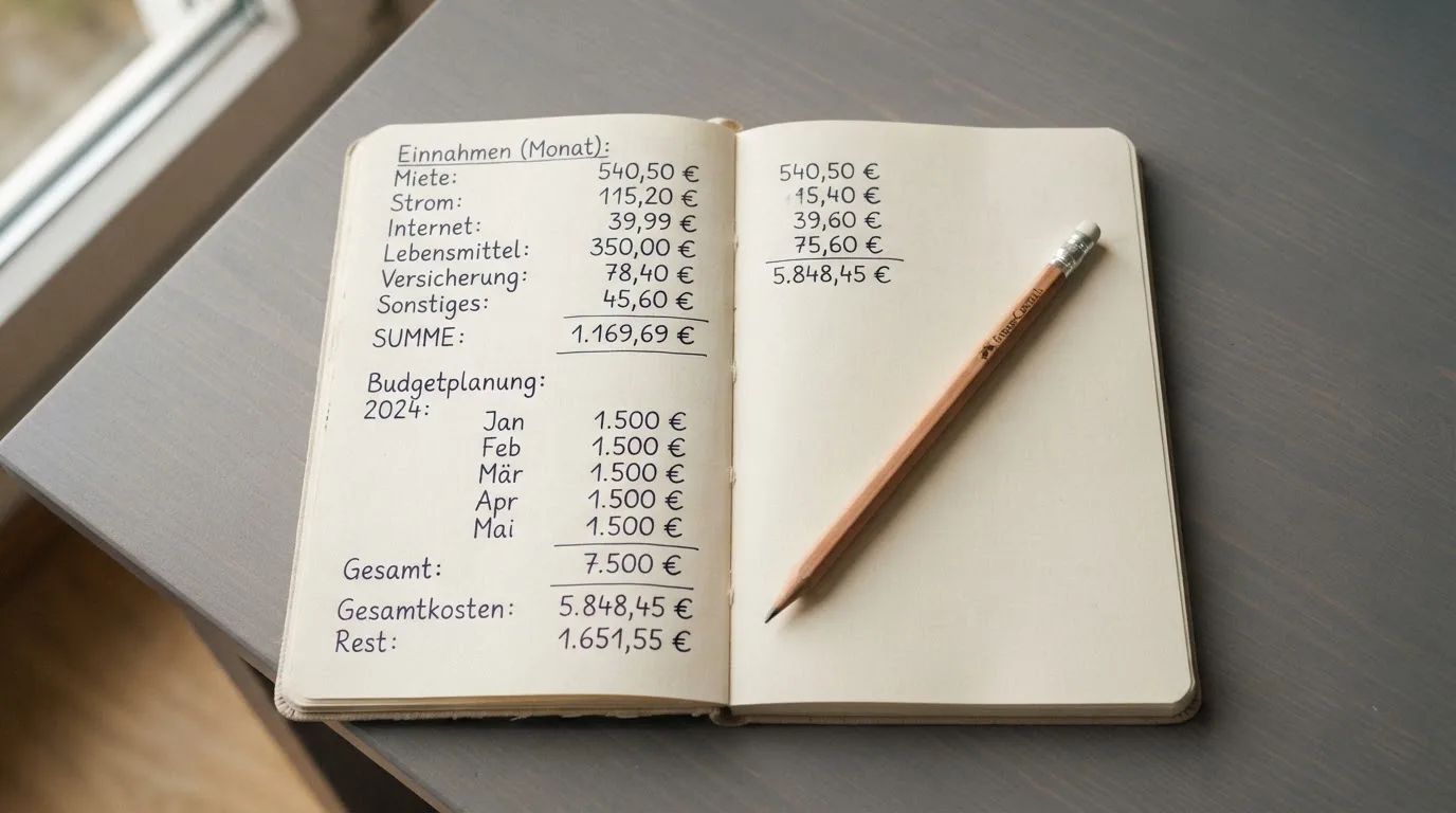 Ein Taschenrechner, ein Bleistift und ein Block mit handschriftlichen Zahlenreihen liegen auf einer grauen Arbeitsfläche.