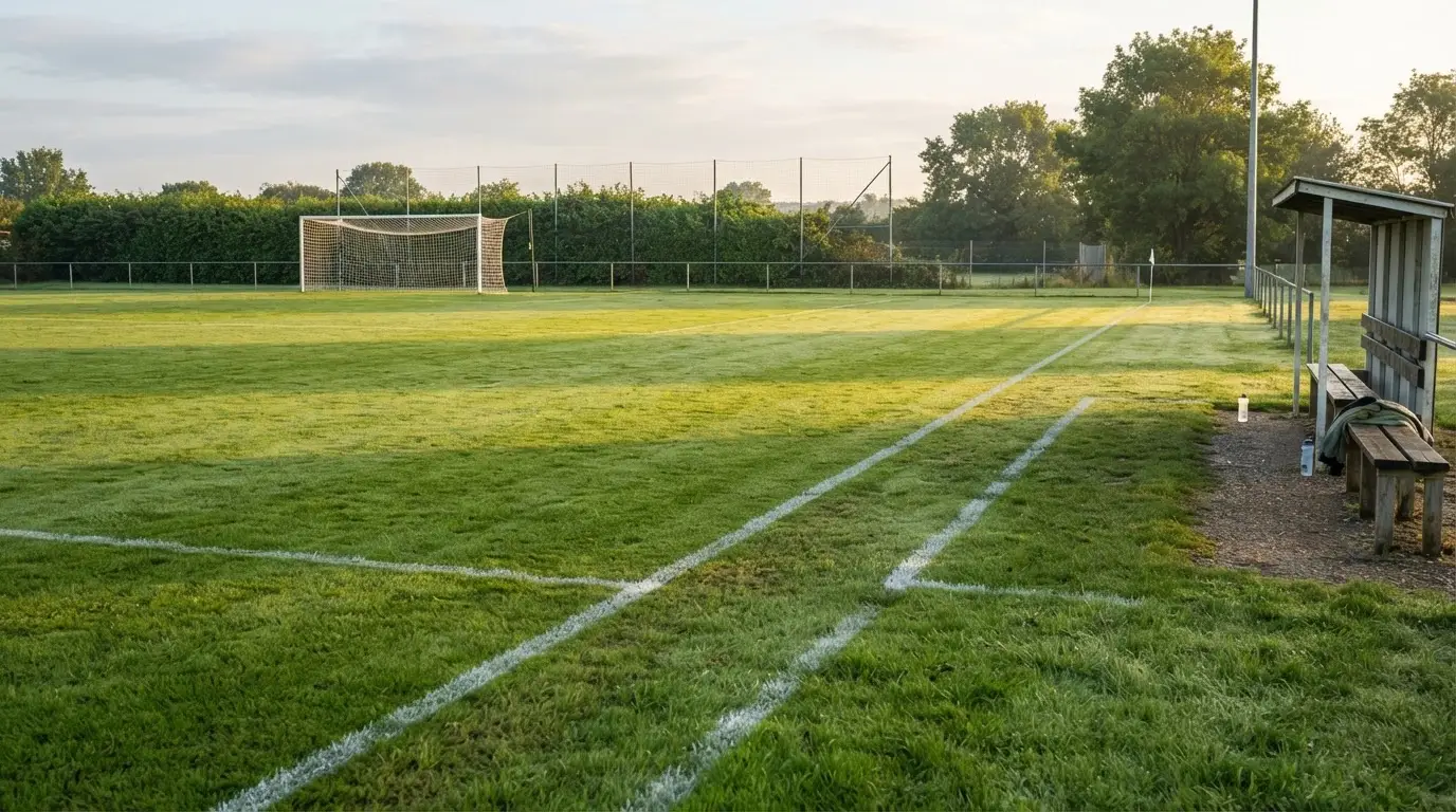 Ein Fußballplatz mit frisch gezogenen Kreidelinien im ersten Morgenlicht, leere Ersatzbänke am Spielfeldrand.