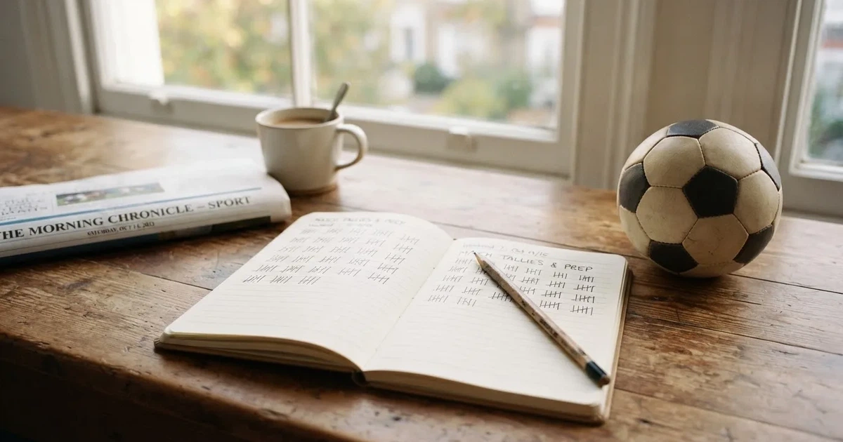 Ein Notizbuch mit handschriftlichen Strichlisten, ein Bleistift und ein kleiner Fußball liegen auf einem Schreibtisch vor einem Fenster.