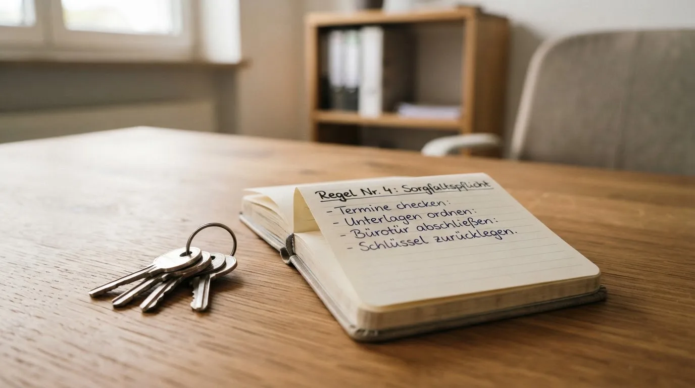 Ein Schlüsselbund liegt auf einer Holzplatte neben einem Taschenkalender, im Hintergrund eine verschwommene Büroeinrichtung.