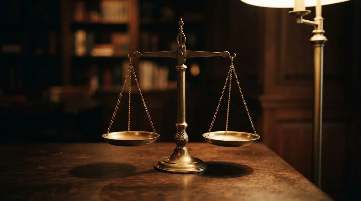 Eine Waage mit zwei leeren Schalen aus Messing steht auf einem Tisch, das Licht einer Stehlampe fällt von rechts.