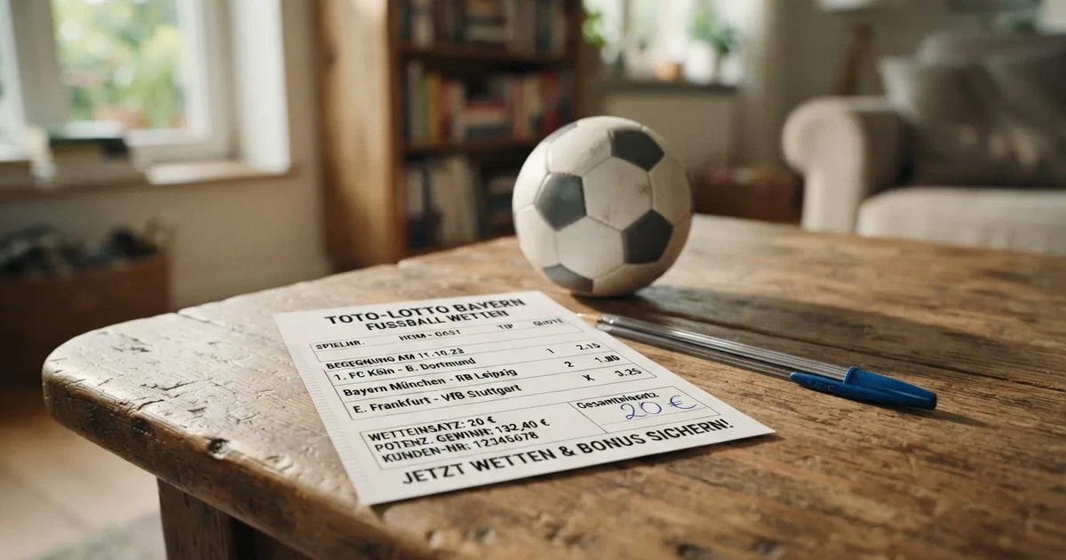 Ein leerer Papier-Wettschein und ein Kugelschreiber liegen neben einem kleinen Fußball auf einem Holztisch, weiches Fensterlicht.