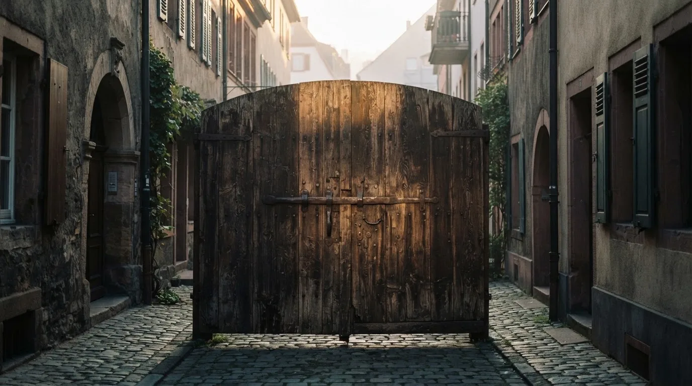 Ein massives Holztor mit eisernem Riegel steht in einer ruhigen Gasse im Morgenlicht.