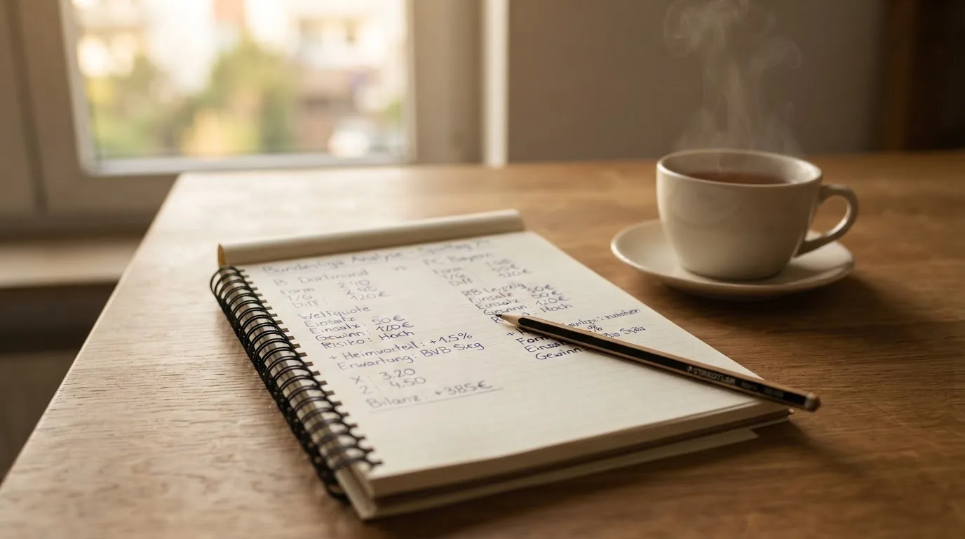 Ein Schreibtisch mit Taschenrechner, Bleistift und einem Block voller handschriftlicher Rechnungen, daneben eine Tasse Tee.