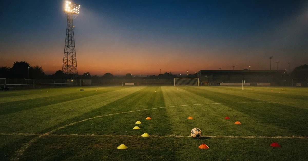 Eine Flutlichtanlage ragt über einen Trainingsplatz, auf dem Rasen liegen verstreut Hütchen und ein Ball, am Himmel die Abenddämmerung.