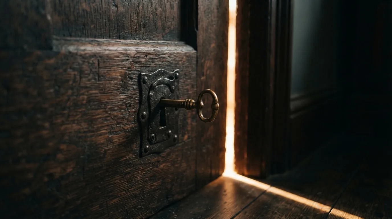 Ein Schlüssel steckt im Schloss einer massiven Holztür, Licht fällt durch einen schmalen Spalt.
