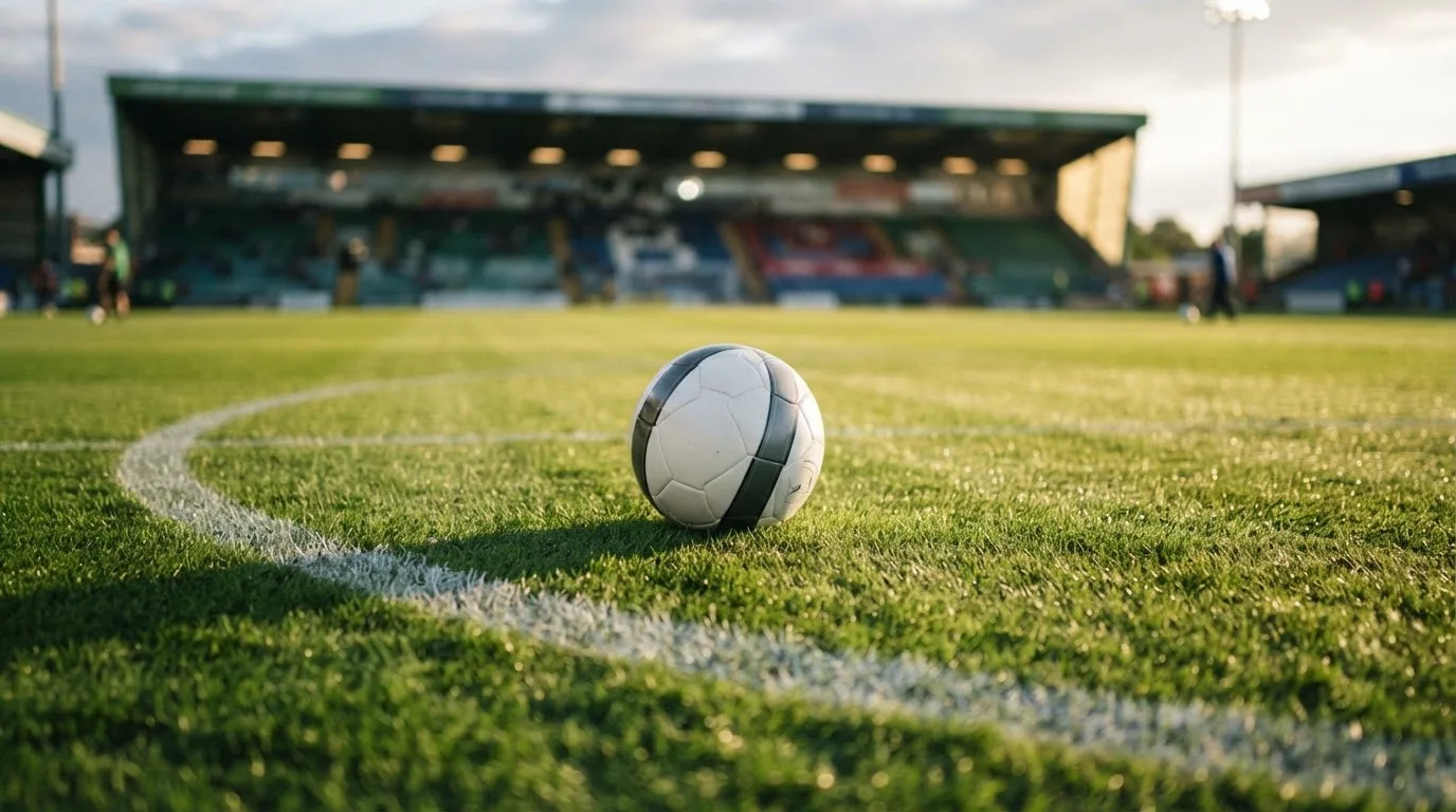 Ein Fußball liegt auf dem Rasen im Mittelkreis, die Kreidelinien führen scharf ins Bild, dahinter verschwimmt eine Tribüne.
