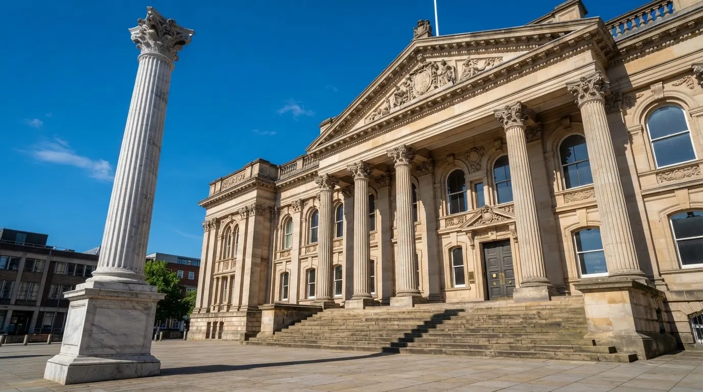 Eine Marmorsäule vor einem klassischen Gebäude, im Hintergrund blauer Himmel.
