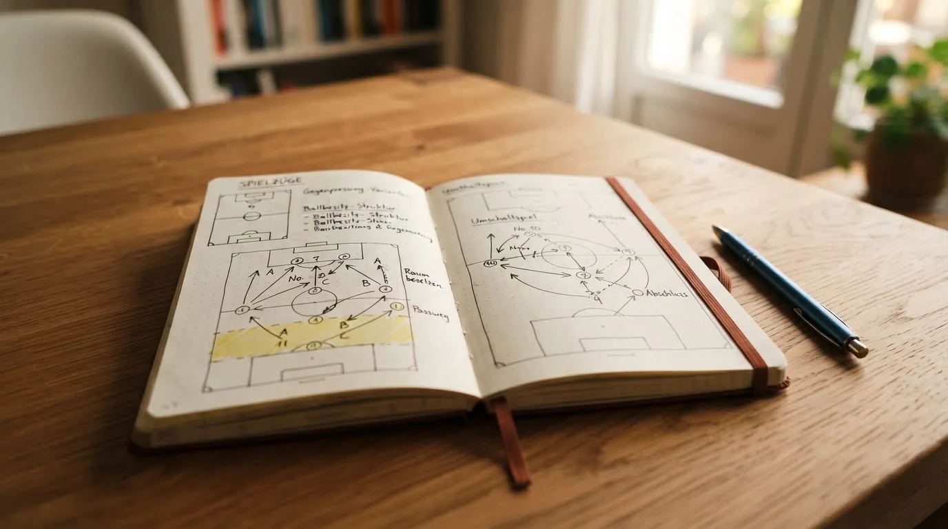 Ein aufgeschlagenes Notizbuch mit handschriftlichen Skizzen von Spielzügen liegt neben einem Kugelschreiber auf einem Holztisch.