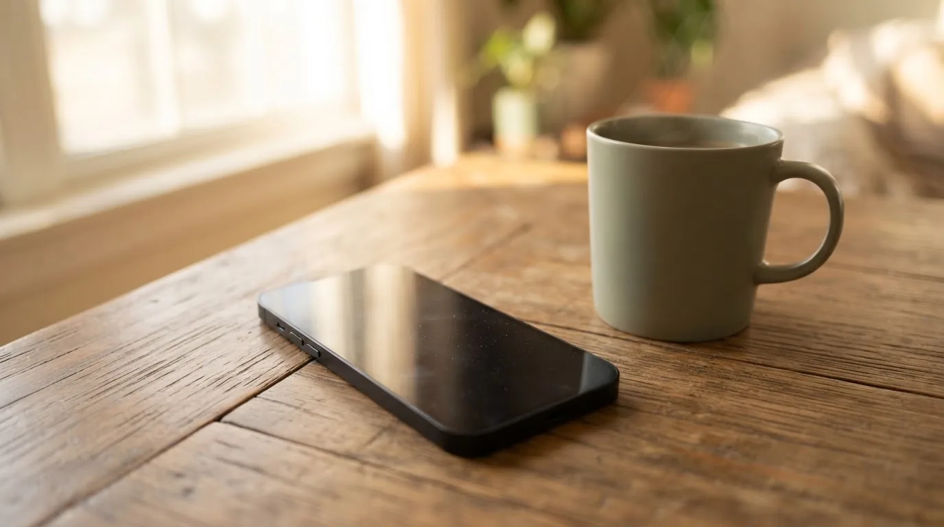 Ein Smartphone mit dunklem Display liegt neben einer Kaffeetasse auf einem Holztisch im Licht eines Fensters.