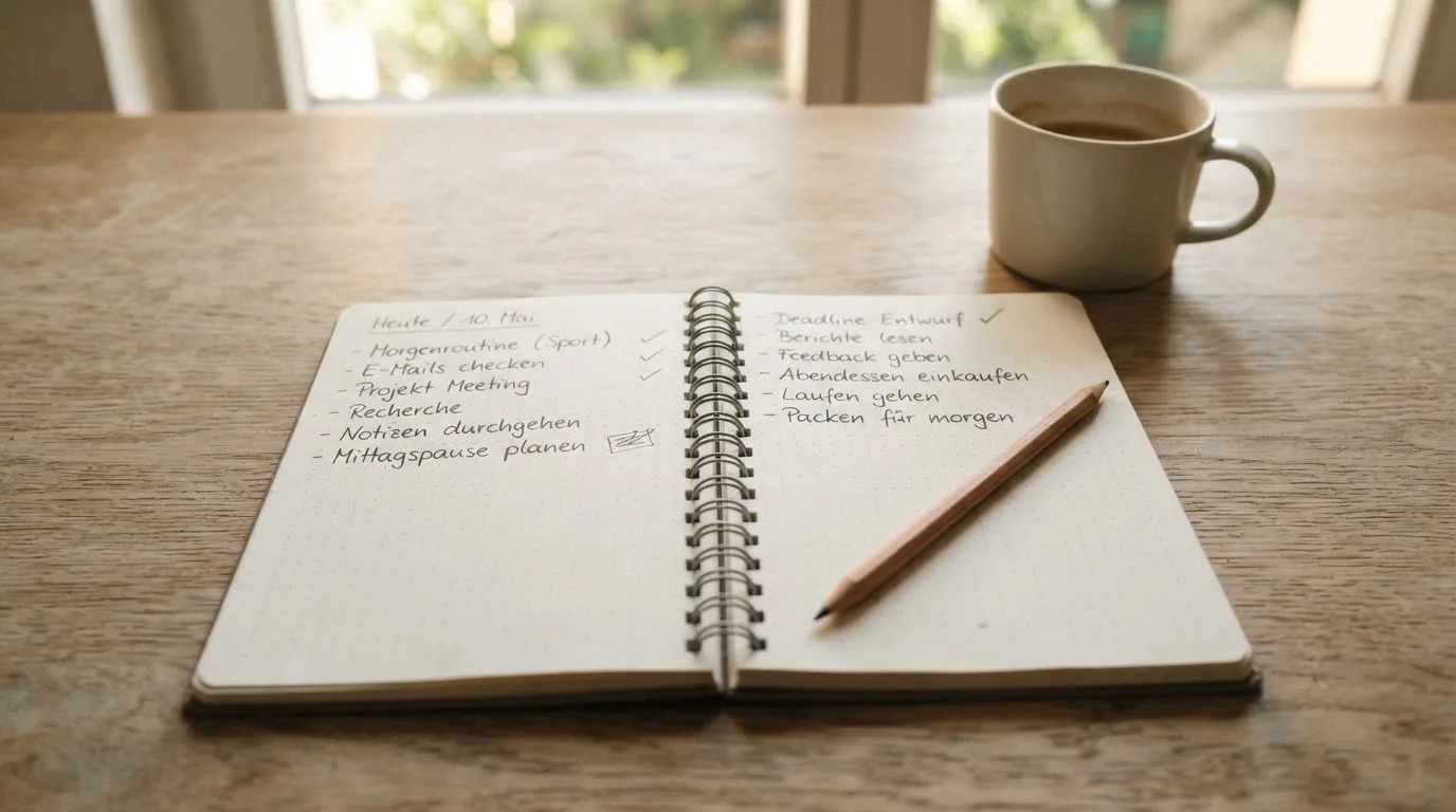 Ein aufgeschlagenes Notizbuch mit handgeschriebenen Stichpunkten und ein Bleistift liegen neben einer Kaffeetasse auf einem hellen Holztisch.