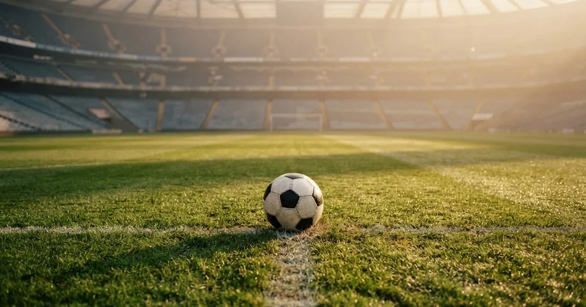 Ein Fußball liegt auf dem Mittelkreis eines Stadionrasens am frühen Morgen, im Hintergrund leere Ränge ohne erkennbare Beschriftung.